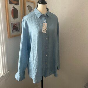 NWT Uniqlo 100% Linen Blue Button Down Blouse Women's Extra Large
